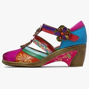 Hui Bu Womens Leather Mary Jane Shoes, Colorful Vintage Exotic NWOT